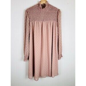 Hello Mia Dress Womens‎ Medium Blush Pink Smocked Swiss Dot Long Sleeve Dress